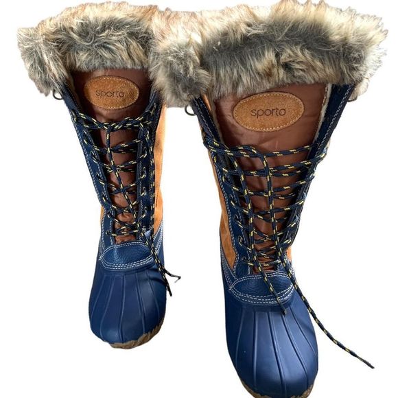 Sporto Natasha Waterproof Suede Navy Blue Brown Leather Duck Boot Size 9.5 Chest - Picture 2 of 7